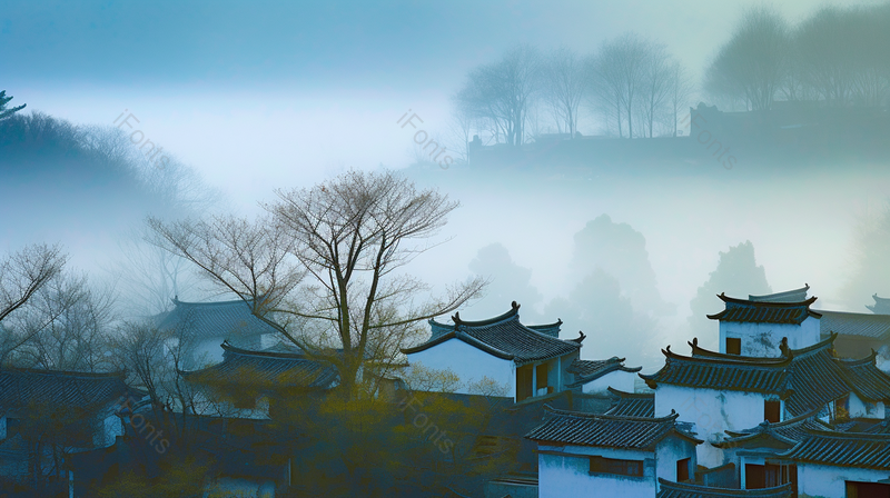 国风复古中式山村晨雾,高清,摄影图,摄影图片,图片大全,摄影图免费下载